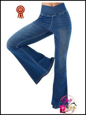 Women Stretchy Bell Bottom Flare Pull On Jeans with Pockets